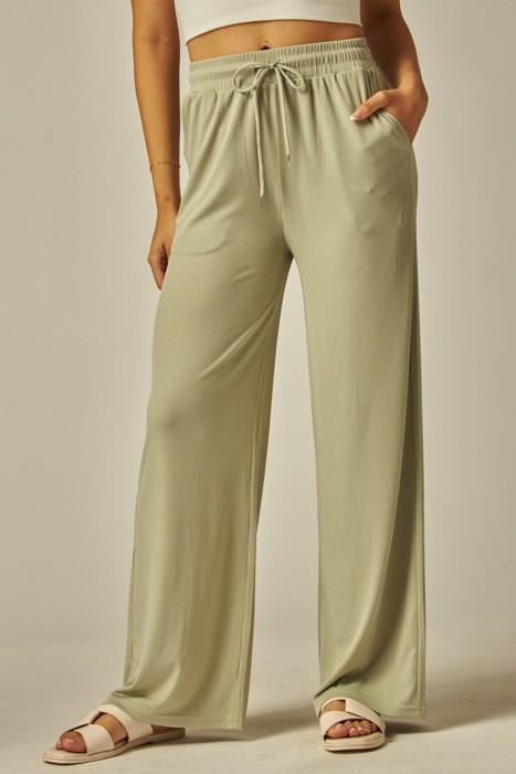 Stretchy Ribbed Drawstring Pocket Wide Leg Pants