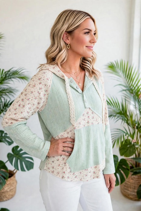 Petal & Thread Button Hooded Patchwork Top | S-XL