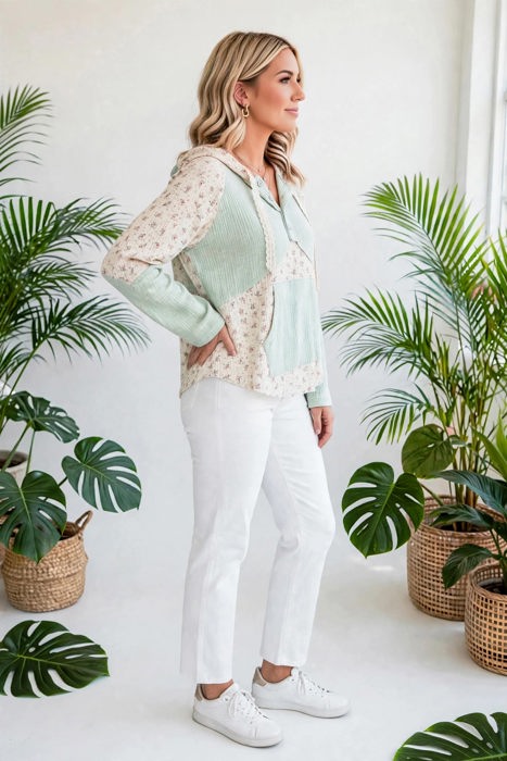 Petal & Thread Button Hooded Patchwork Top | S-XL