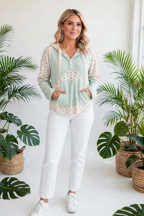 Petal & Thread Button Hooded Patchwork Top | S-XL