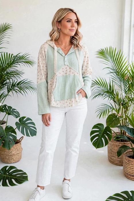 Petal & Thread Button Hooded Patchwork Top | S-XL