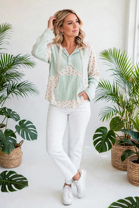Petal & Thread Button Hooded Patchwork Top | S-XL