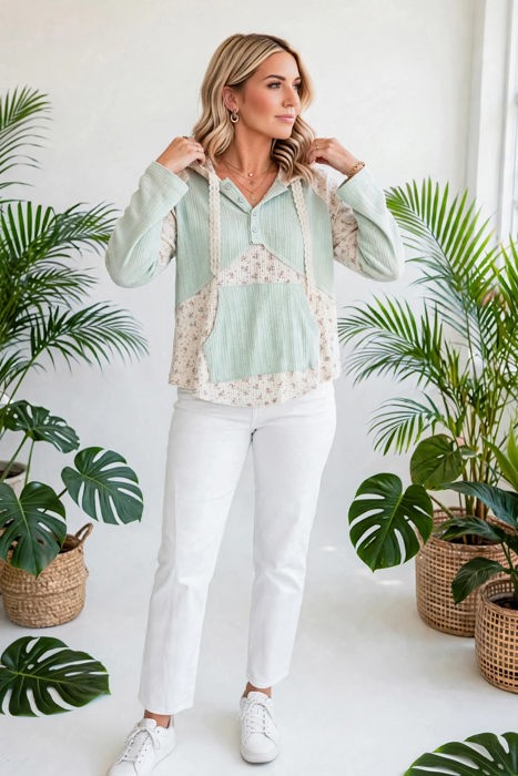 Petal & Thread Button Hooded Patchwork Top | S-XL
