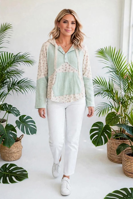 Petal & Thread Button Hooded Patchwork Top | S-XL