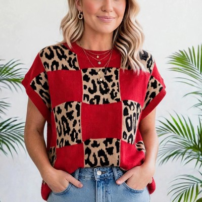 Checkerboard Short Sleeve Knit Sweater | S-XL