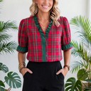  Plaid V-Neck Ruffle Trim Short Sleeve Blouse | S-XL