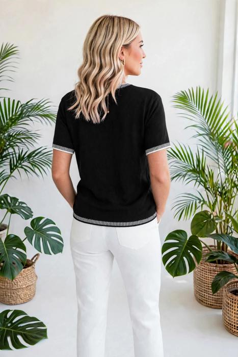 Solene Striped-Trim Round Neck Sweater | S-XL