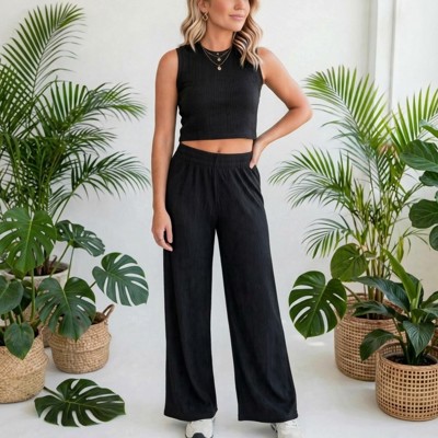 Crinkle Textured Cropped Top 2pc Loungewear Set
