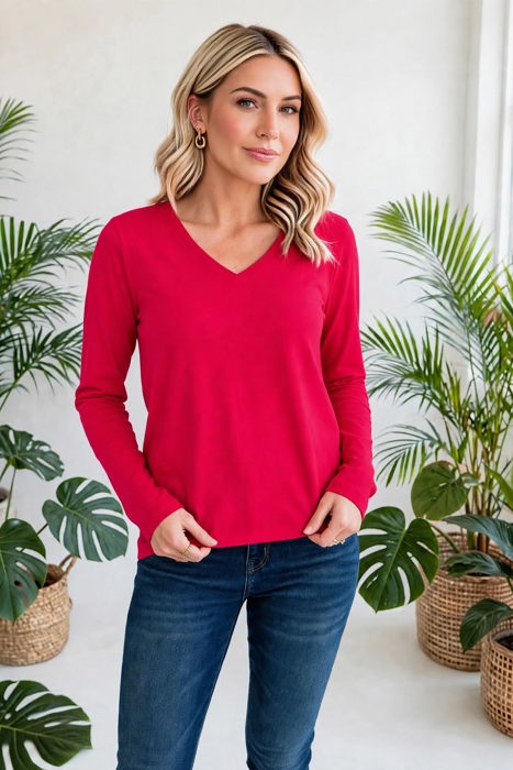 COTTON V-Neck Long Sleeve Top | S-XL