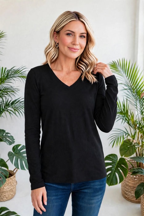 COTTON V-Neck Long Sleeve Top | S-XL
