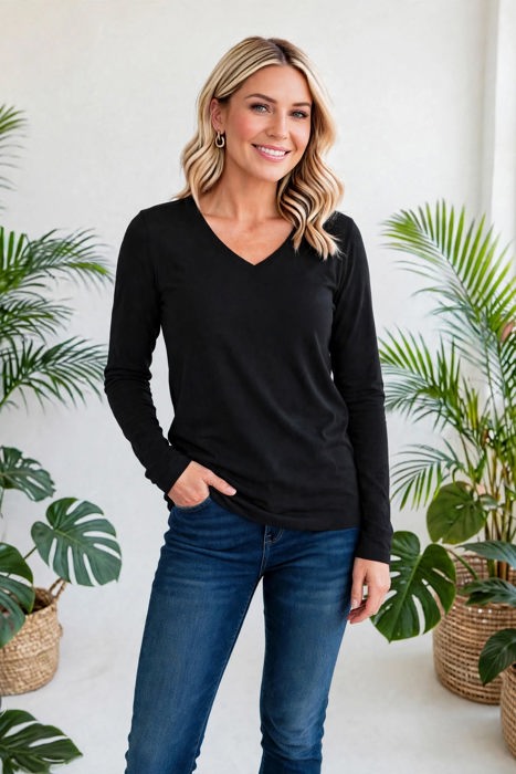 COTTON V-Neck Long Sleeve Top | S-XL