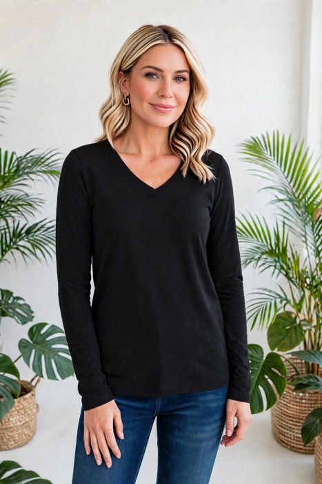 COTTON V-Neck Long Sleeve Top | S-XL