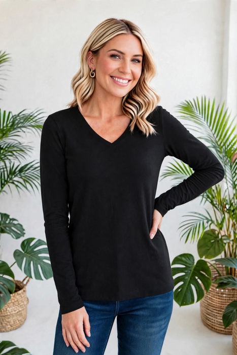 COTTON V-Neck Long Sleeve Top | S-XL
