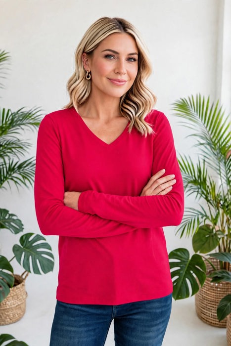 COTTON V-Neck Long Sleeve Top | S-XL