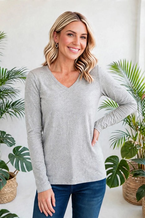 COTTON V-Neck Long Sleeve Top | S-XL
