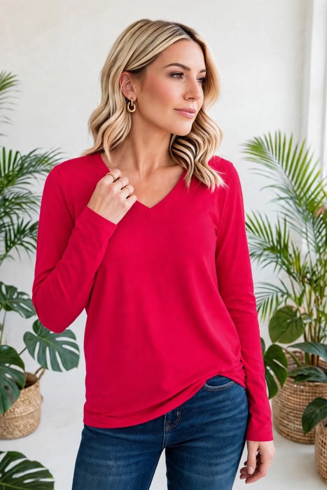 COTTON V-Neck Long Sleeve Top | S-XL