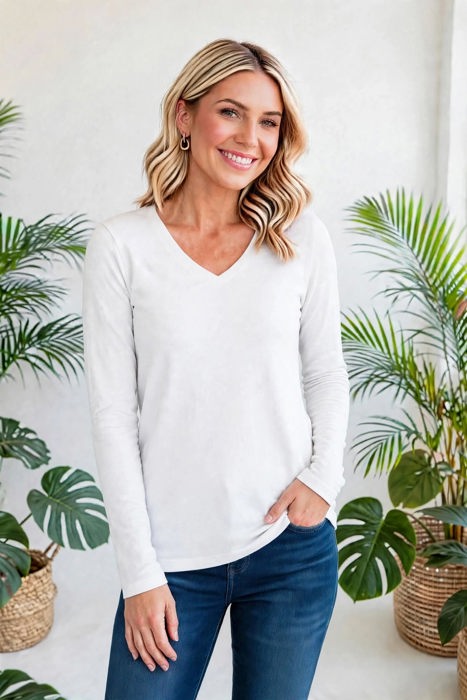 COTTON V-Neck Long Sleeve Top | S-XL