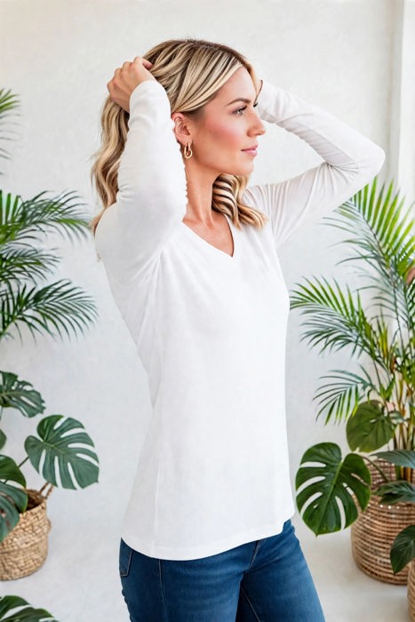 COTTON V-Neck Long Sleeve Top | S-XL