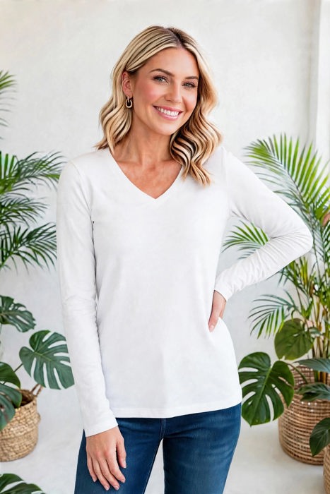 COTTON V-Neck Long Sleeve Top | S-XL