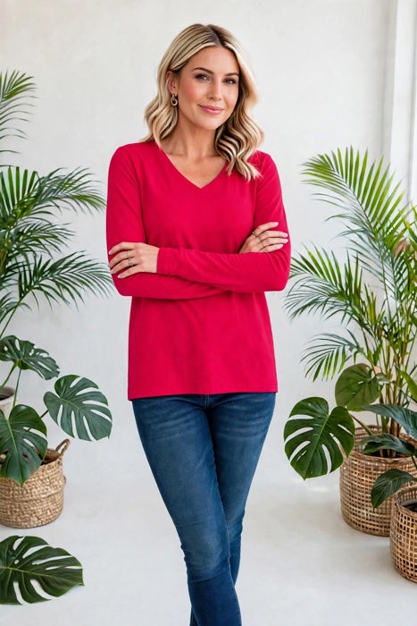COTTON V-Neck Long Sleeve Top | S-XL