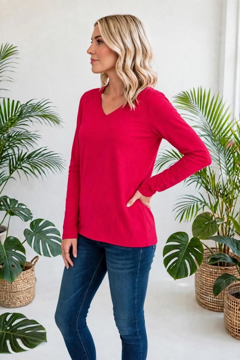 COTTON V-Neck Long Sleeve Top | S-XL