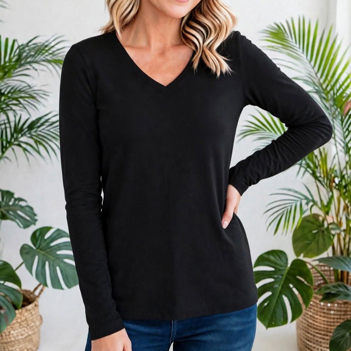COTTON V-Neck Long Sleeve Top | S-XL