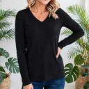 Small Black COTTON V-Neck Long Sleeve Top | S-XL