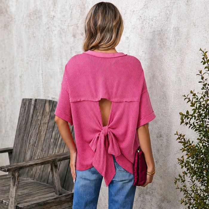 Spiral Ribbed Bow-Back Oversized Tee | S-XL