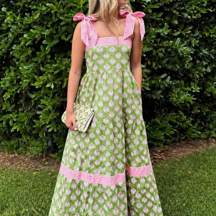 Floral Stripe Knot Strap Maxi Dress | S-XL