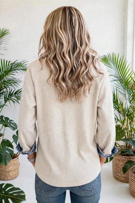 Denim Ribbed Button-Up Long Sleeve Top | S - XL