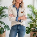  Denim Ribbed Button-Up Long Sleeve Top | S - XL
