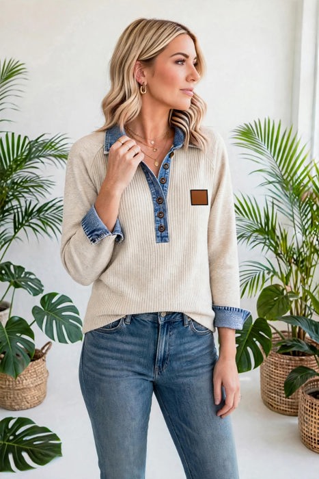 Denim Ribbed Button-Up Long Sleeve Top | S - XL