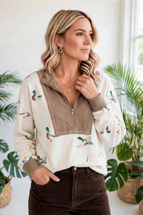 Mallard Print Trails Zip-Neck Top | S-XL