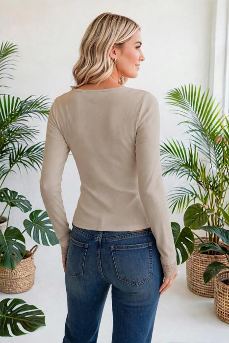 Lace Charm Ribbed Long Sleeve Top | S-XL