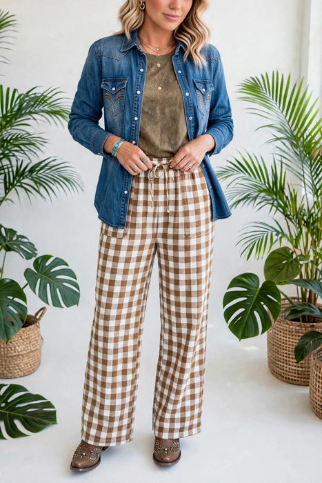 Gingham Plaid Tie-Waist Pants | S-XL