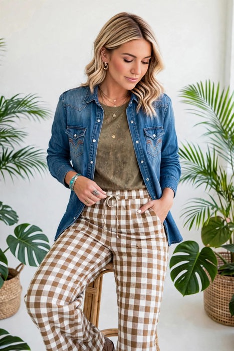Gingham Plaid Tie-Waist Pants | S-XL