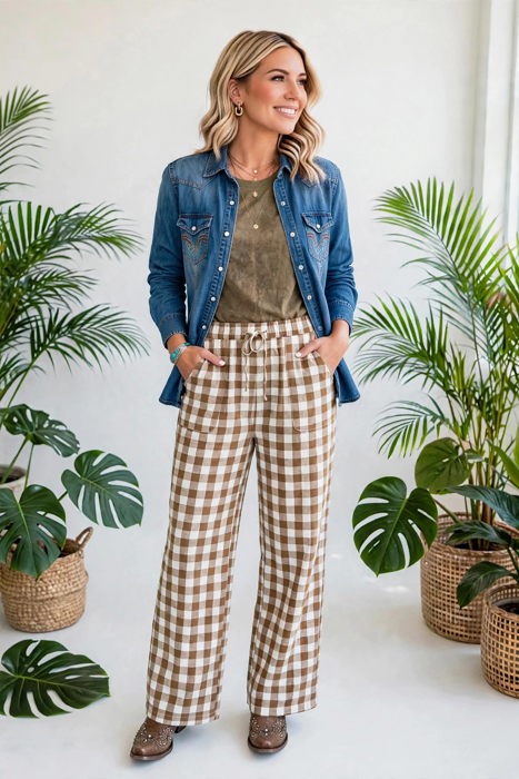 Gingham Plaid Tie-Waist Pants | S-XL