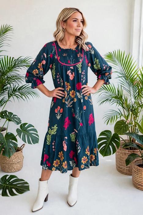 Bloom Belle 7/8 Sleeve Midi Dress | S-XL