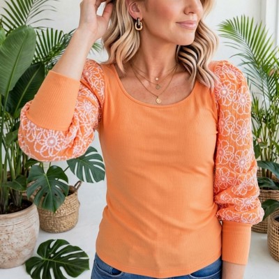 Flower Puff Sleeve Ribbed Knit Top | S-XL