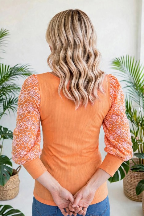 Flower Puff Sleeve Ribbed Knit Top | S-XL
