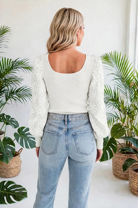 Flower Puff Sleeve Ribbed Knit Top | S-XL