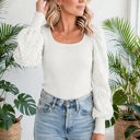  Flower Puff Sleeve Ribbed Knit Top | S-XL