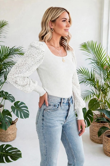 Flower Puff Sleeve Ribbed Knit Top | S-XL