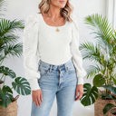  Flower Puff Sleeve Ribbed Knit Top | S-XL