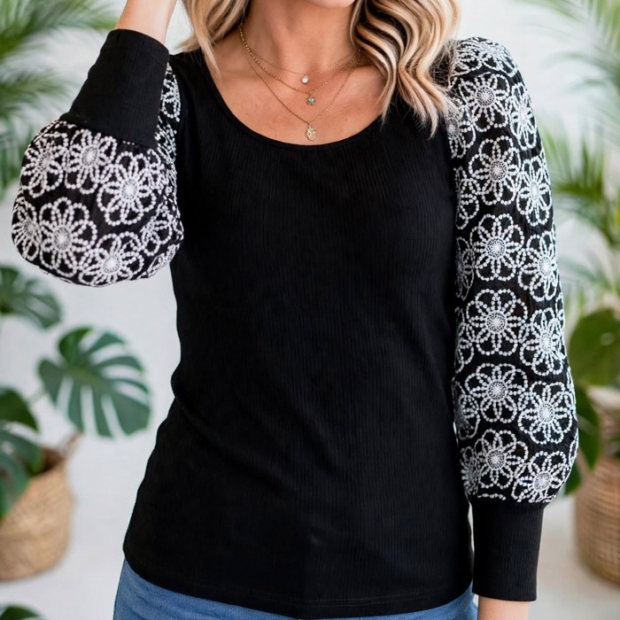 Flower Puff Sleeve Ribbed Knit Top | S-XL
