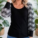 Small Black Flower Puff Sleeve Ribbed Knit Top | S-XL