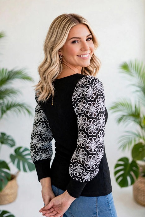 Flower Puff Sleeve Ribbed Knit Top | S-XL