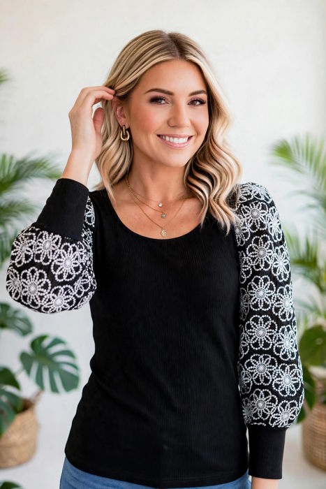 Flower Puff Sleeve Ribbed Knit Top | S-XL