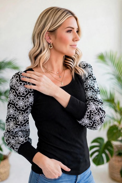 Flower Puff Sleeve Ribbed Knit Top | S-XL