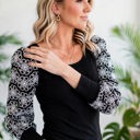  Flower Puff Sleeve Ribbed Knit Top | S-XL